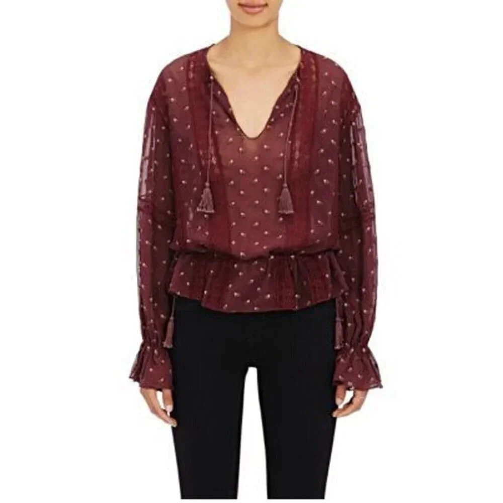 Ulla Johnson Elke Embroidered Blouse Size 8 Wine Burgundy Lace Flare Sleeve